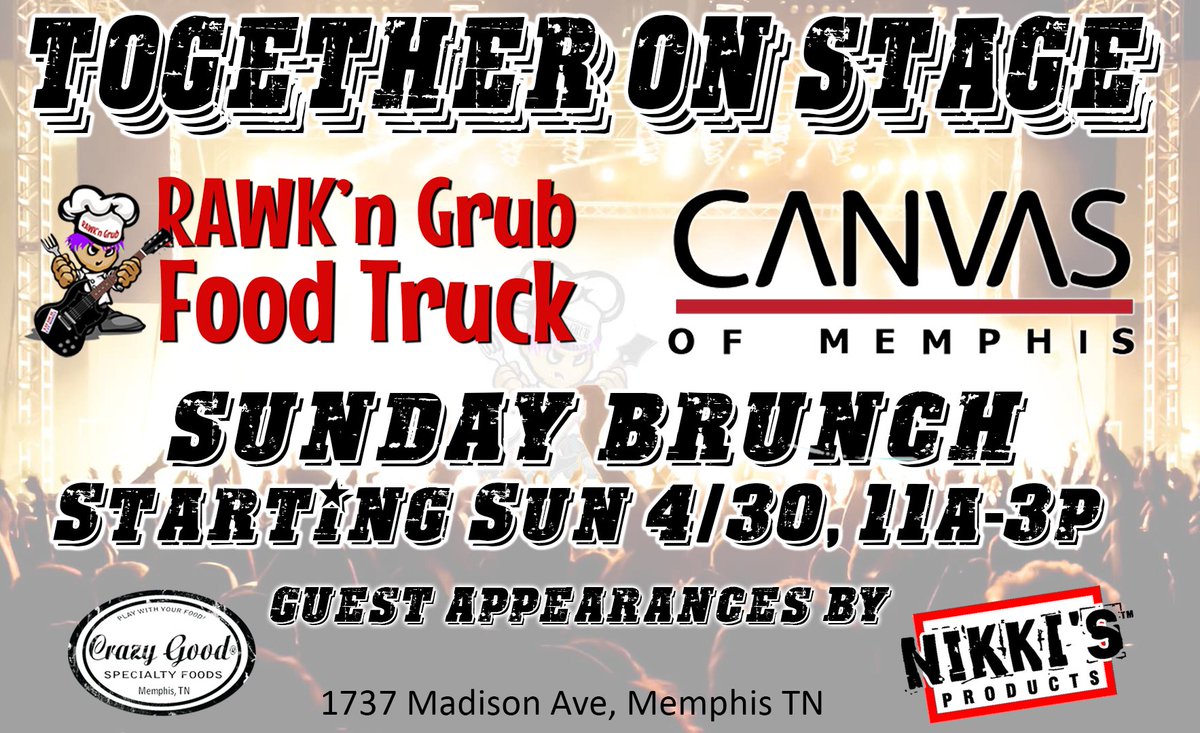 RAWKn_Grub's tweet image. We are proud to announce a new Sunday tour date - Brunch @ CANVAS of Memphis! We&apos;ll be RAWK&apos;n every Sunday from 11 to 3 starting April 30!
