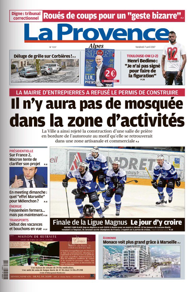 LaProvenceAlpes's tweet photo. A La #Une de LaProvence #Alpes #Entrepierres pas de salle de prière 
#Corbieres #grele 
#hockey #Gap le grand soir https://t.co/ptX79ZXGSp