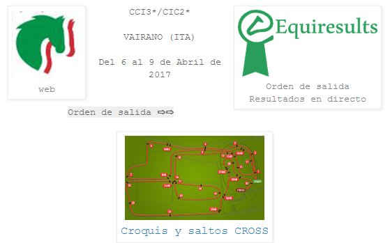 Orden de salida / Resultados en directo - CCI3*/CIC2* - Vairano 2017 - 6-9ABR2017 bit.ly/2oHocMr #CCEventing <a href="/eventing/">Emi's Venting</a> <a href="/equiresults/">Equiresults</a>