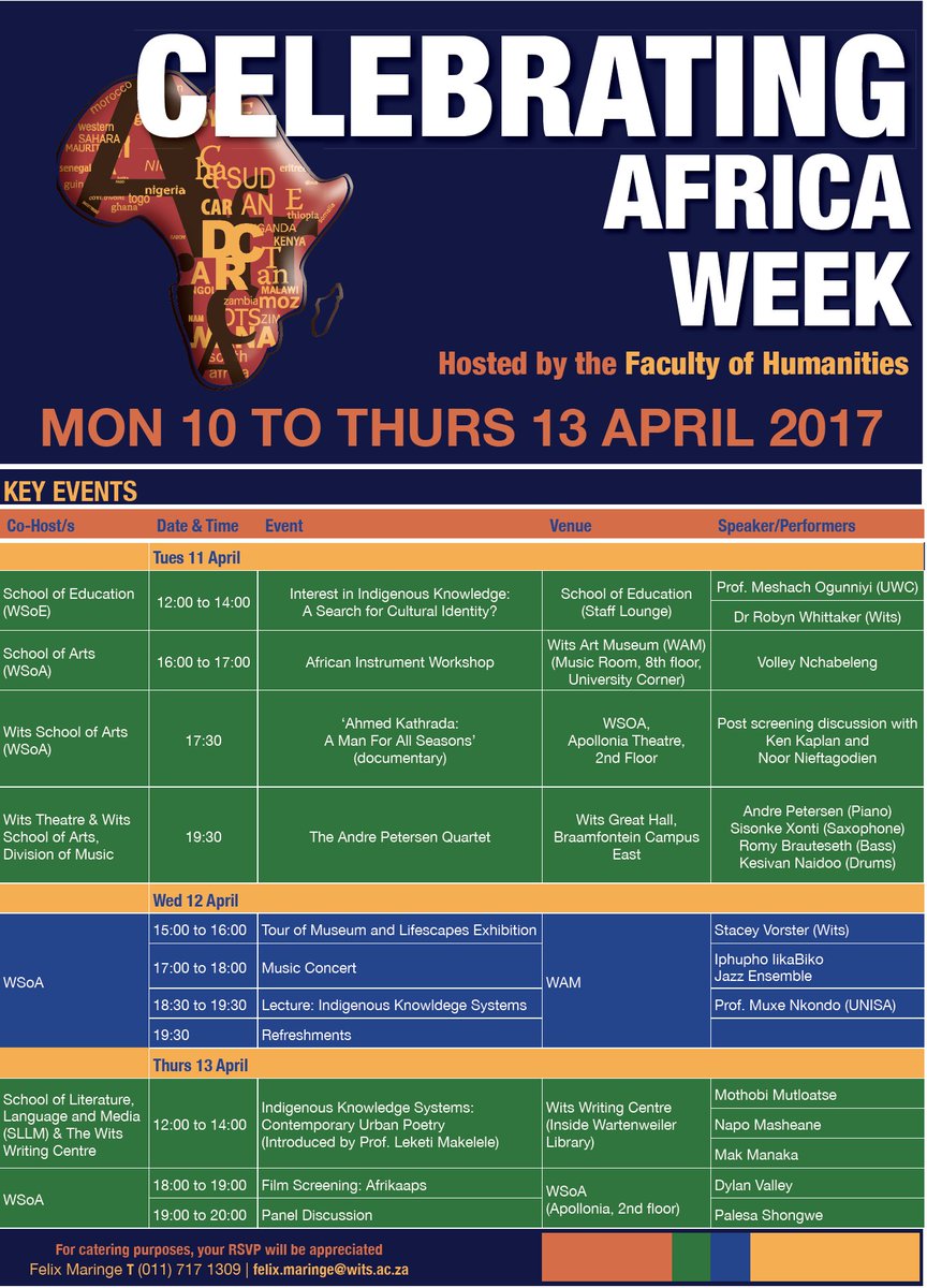 WitsUniversity's tweet photo. Make a note of all the activities hosted by @WitsHumanities, and join in on celebrating #AfricaWeek, 10 - 13 April. https://t.co/ywbTK1irGd