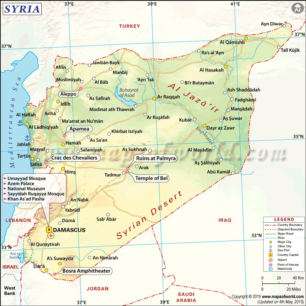 mnmishra's tweet image. U.S. launches cruise missile strike on Syrian military airfield. Checkout #SyriaMap mapsofworld.com/syria/ #USA #Syria #Map