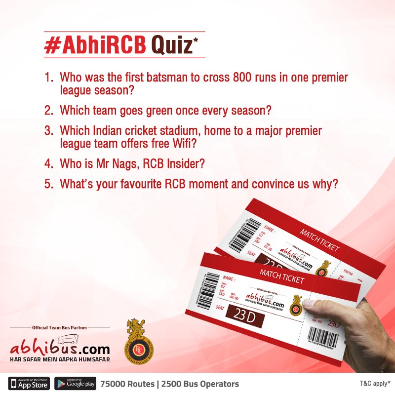 abhibus's tweet photo. All you have to do to watch @RCBTweets LIVE is answer these questions!
Follow the link to follow the rules :https://t.co/oy3dhkdVJP https://t.co/pzQCXJY5YE