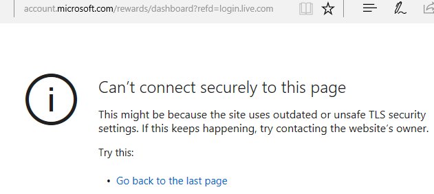 Kennethtechguy's tweet image. There&apos;s still bugs. Edge won&apos;t allow edu gmail SSO tokens, &amp;amp; I got this TLS error on MS Rewards. #CreatorUpdate #BetaInProduction