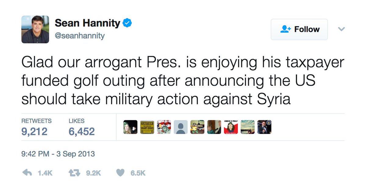 Hannity is deleting his old Syria tweets. I can't imagine why