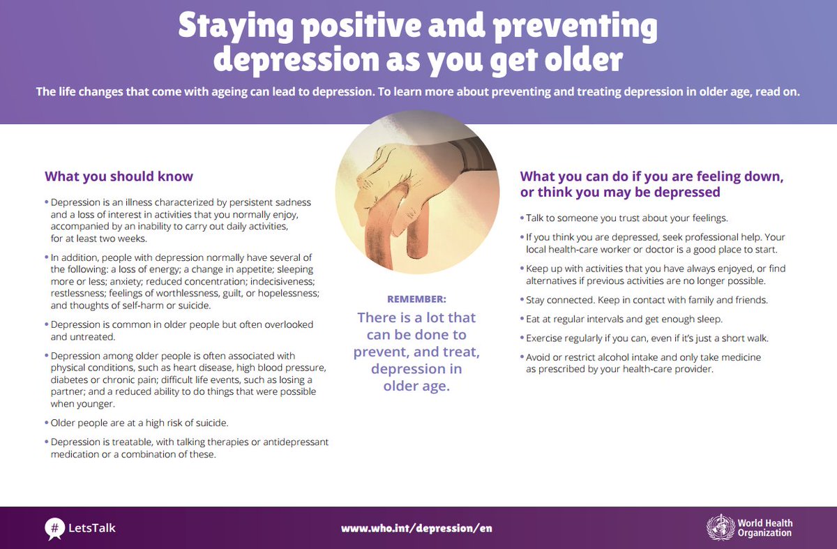 WHO's tweet photo. #LetsTalk: There is a lot that can be done to prevent, and treat, #depression in older age https://t.co/e8LQNfNh2k #WorldHealthDay https://t.co/yEuVp3G93c