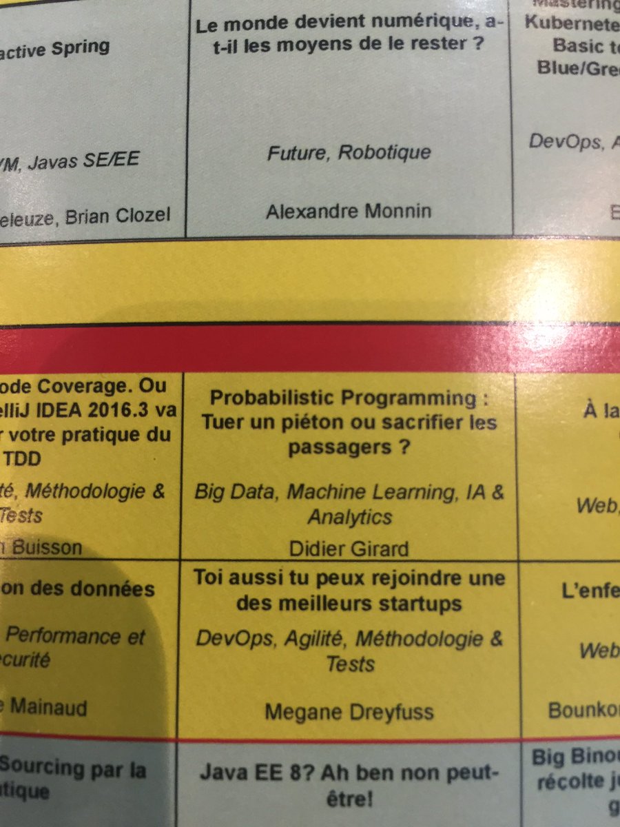 ju_neveu's tweet photo. Sympa la conf #devoxxfr sur la voiture connectée : "tuer un piéton ou sacrifier les passagers" ...#probalistic programming https://t.co/4eytihLyCp