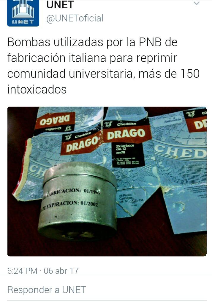 ReporteYa's tweet photo. #7Abr Táchira Autoridades de #UNET denuncian q lacrimógenas utilizadas ayer tienen 15 años vencidas https://t.co/fsqxRRmxDK - @Obeysser