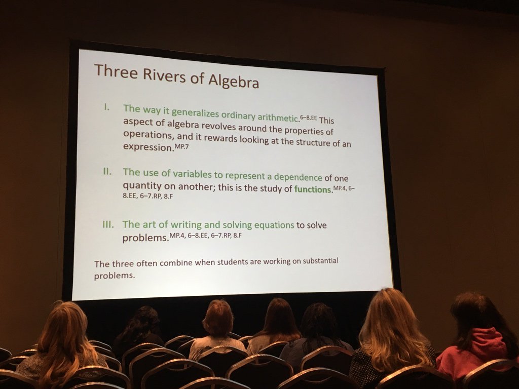 ddmeyer's tweet photo. The Three Rivers of Algebra. “At least two thirds of algebra is not caring what x is.” Jason Zimba. #NCTMAnnual https://t.co/jA9fbICbqL