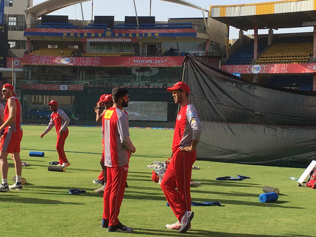 IPL's tweet photo. .@lionsdenkxip skipper @Gmaxi_32 having a chat with @ImMananVohra ahead of practice in Indore VIVO #IPL https://t.co/bcNHZHXD4G