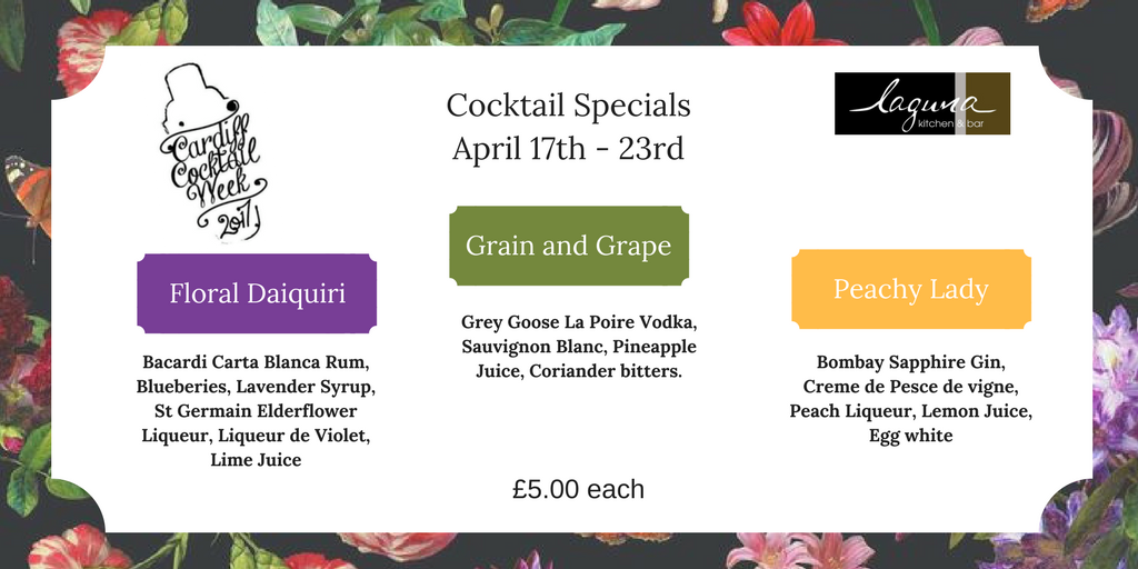 So looking forward to Cardiff Cocktail Week starting April 17th! We've prepared some special £5 cocktails at Laguna Bar to celebrate! 🍹❤️🎉
