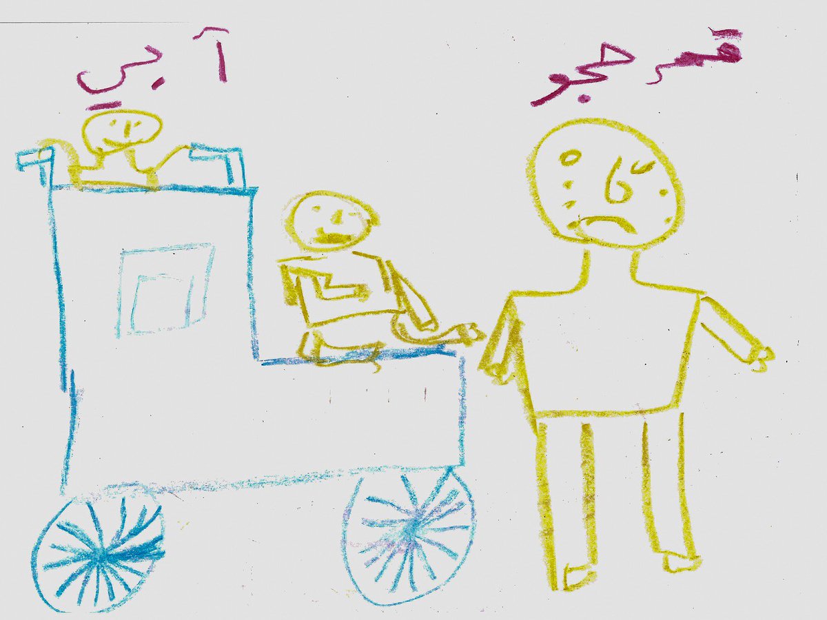 “This drawing shows my mother pushing my father on his wheelchair and me crying" 12 year old Amar #ChildrenofSyria
