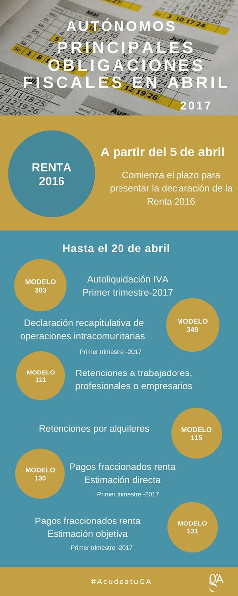 Principales obligaciones fiscales en Abril 2017 (autónomos).  #AcudeatugA