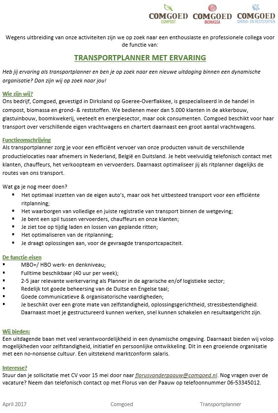 Comgoed's tweet photo. Wij zijn op zoek naar een Transportplanner. Ben of ken jij de geschikte persoon? Wij horen het graag! Bekijk de afbeelding voor de vacature. https://t.co/XOIrxf8w3T