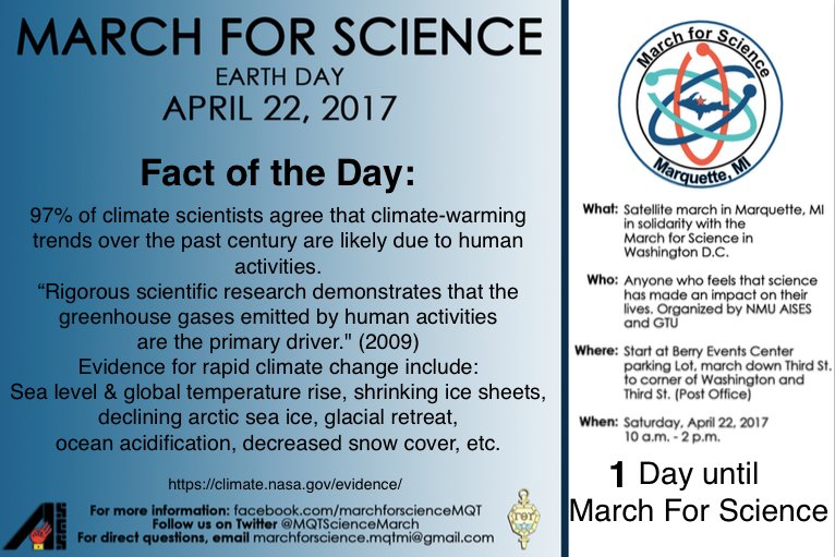 ScienceMarchMQT's tweet photo. 1 DAY LEFT!!!  #MarchforScience #ScienceMarch #mfs #Science #EarthDay #earthday2017 https://t.co/QVcKBF6GRm