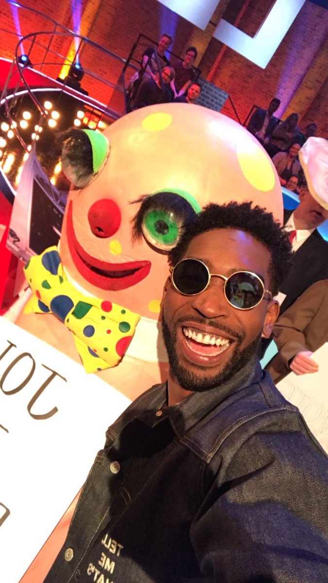 tinie's tweet photo. I met Mr Blobby today.. it's actually nuts the more and more I think about it. #TheLastLeg #YOUTH2017 https://t.co/qj0ldDfILP