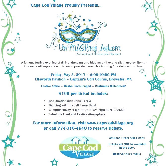 BoostCapeCod's tweet image. Join Cape Cod Village on May 5th. Dine, dance, bid and support innovative housing for adults with autism. #unMASKingAutism2017.