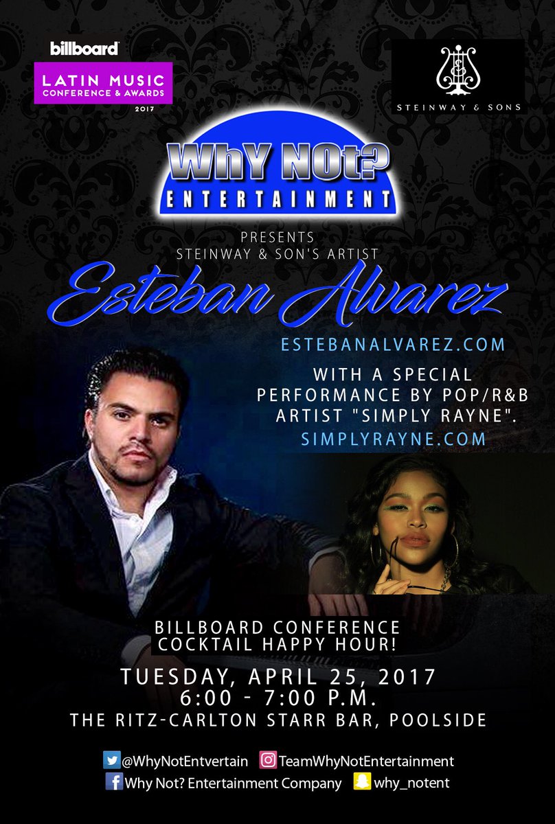 WhyNotEntertain's tweet photo. @billboardlatin #Conference #Premios @RitzCarlton #SouthBeach #Miami @SteinwayAndSons artist @1EstebanAlvarez 🎹🎤@SimplyRayne1 #WhyNotFamily https://t.co/6tEshH9PJQ