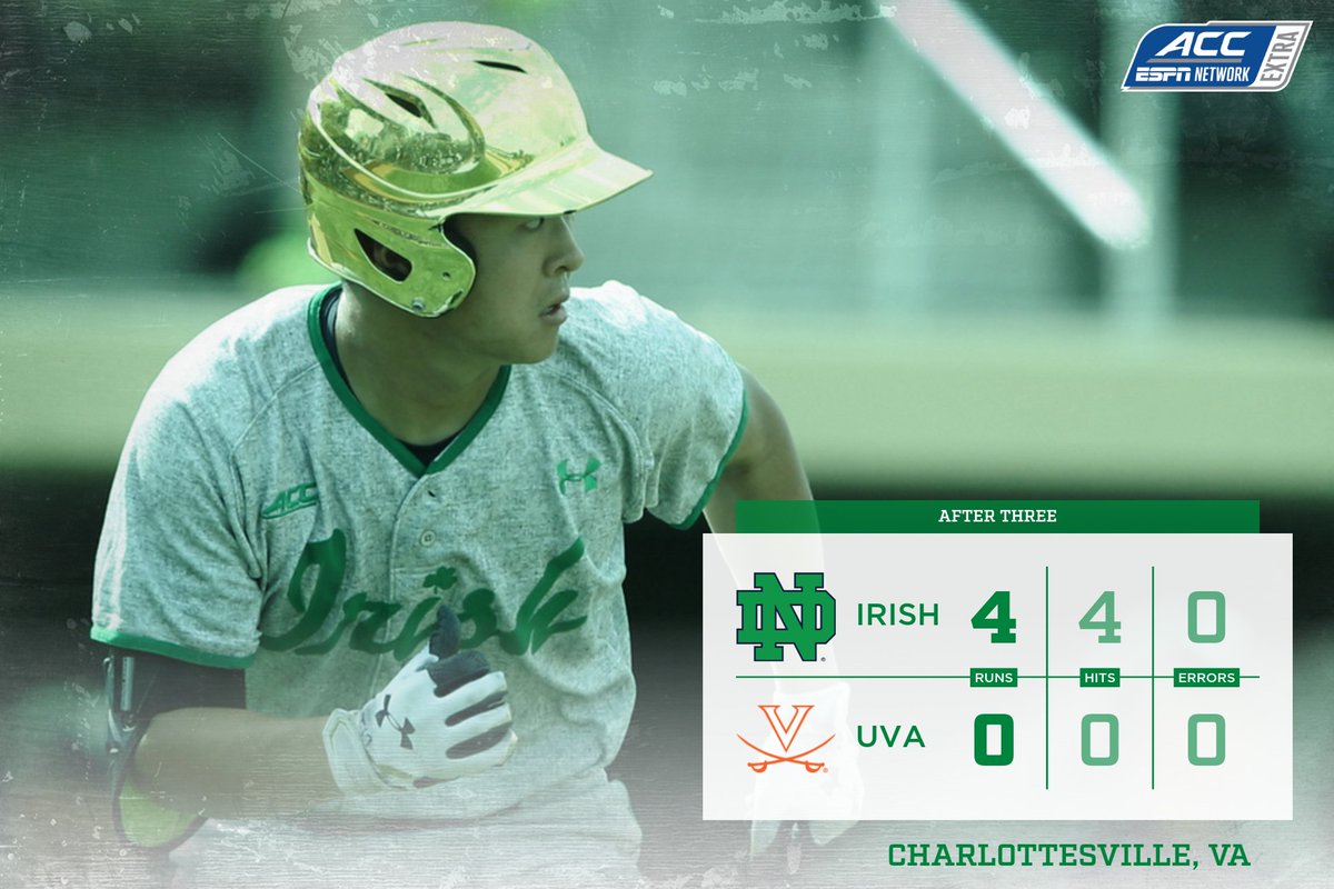We're through three in Charlottesville and the Irish lead it. Jung with a homer and Hearne has faced the minimum.