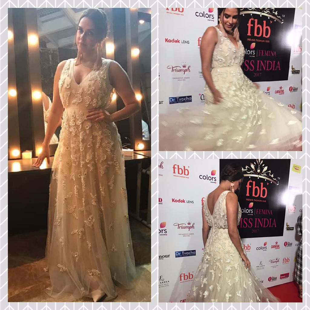 RannaGill's tweet photo. Gorgeous @NehaDhupia in Pearl Gown by #Rannagill at #feminamissindia2017. Gown Available at #rannagillstores https://t.co/mA5KsoiGNW