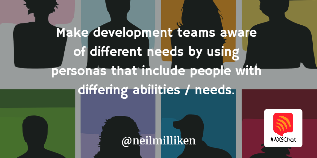 NeilMilliken's tweet photo. Make development teams aware of different needs by using personal that include people with differing abilities &amp; needs. #accessibility #UX https://t.co/0LTml6kkgM