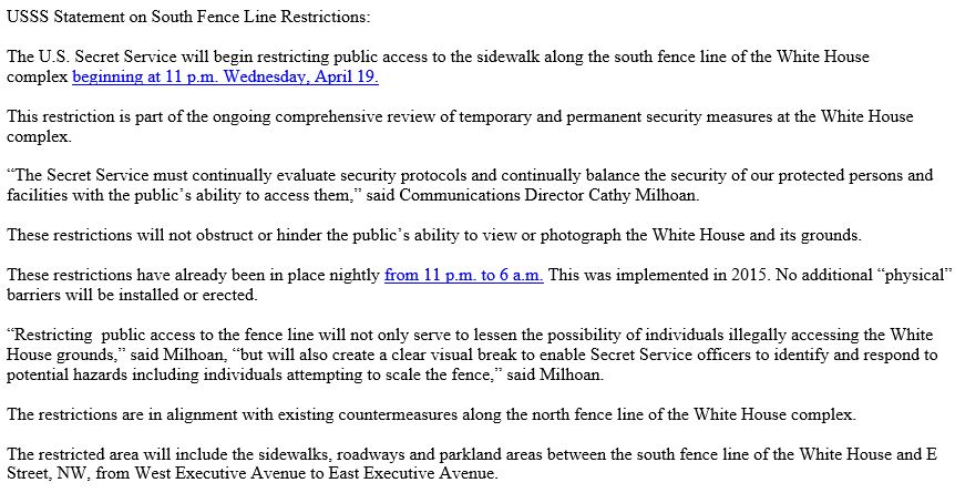 CBSEveningNews's tweet photo. The @SecretService says they will restrict public access to a sidewalk near the White House every night at 11pm https://t.co/RWk9CAAfHx