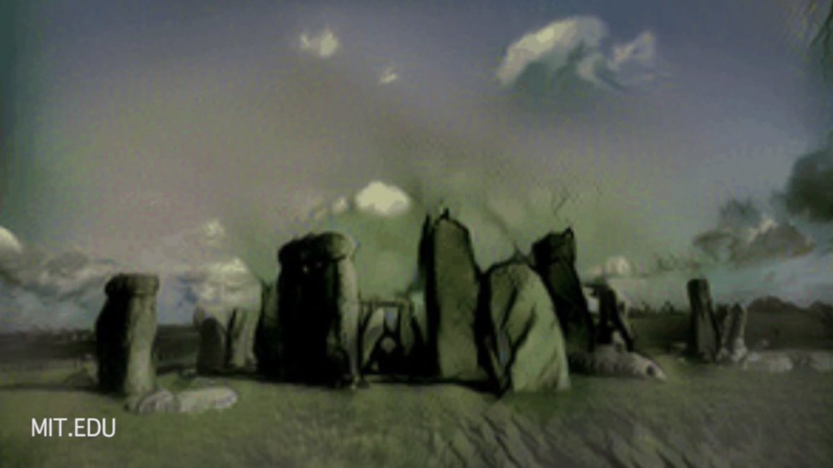 aruegger's tweet photo. What does a #neuralnet see from a picture of #Stonehenge? This. https://t.co/1Xu6jGheDy