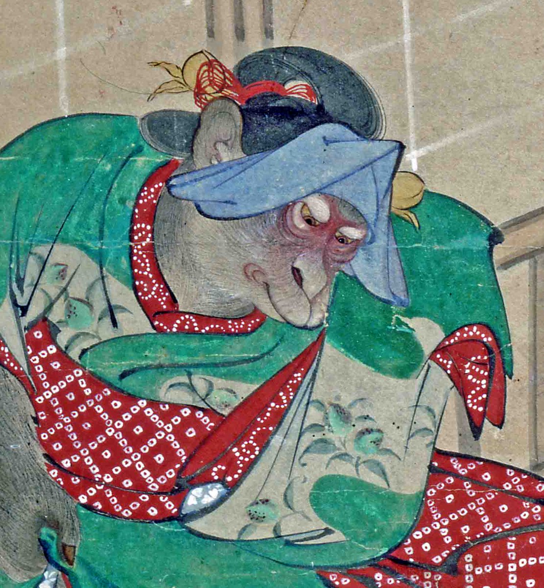 猿がカニに怒り心頭の様子。「猿蟹合戦」を題材にしているとも考えられ