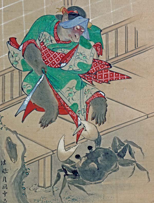 猿がカニに怒り心頭の様子。「猿蟹合戦」を題材にしているとも考えられ