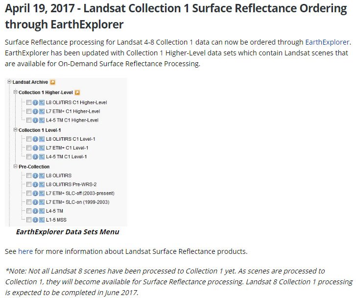 USGSLandsat's tweet image. #LandsatHeadline: #LandsatCollection1 #surfacereflectance ordering through #EarthExplorer is now available. on.doi.gov/2oMU6pN