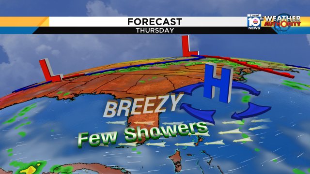 It's a familiar forecast for Thursday: warm, breezy, partly cloudy with the chance for a few showers. #SOFLO https://t.co/IXbeUc6JrM