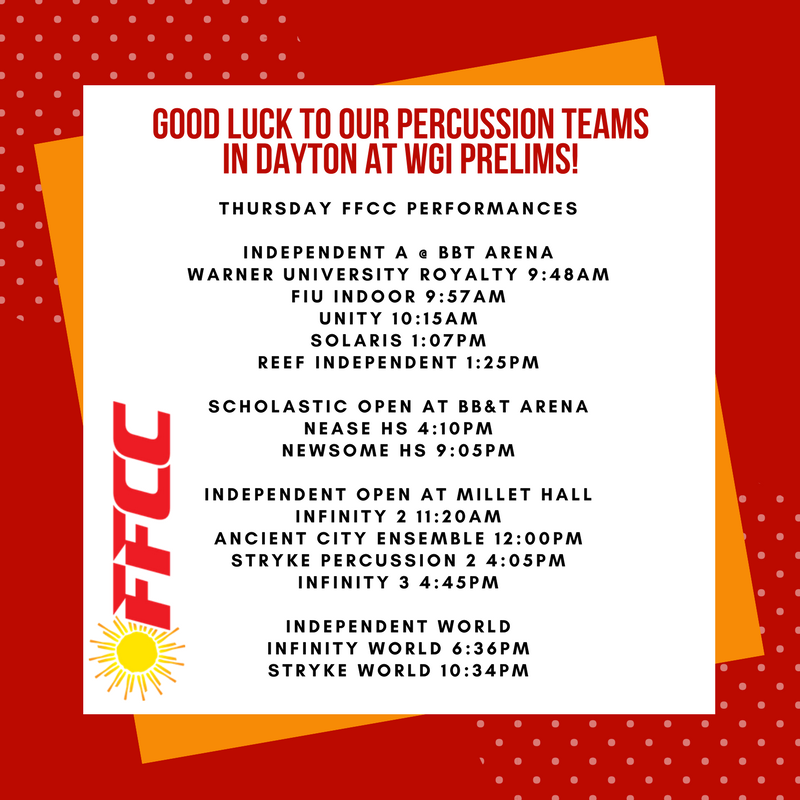 FFCC1985's tweet photo. Here's your quick guide to our FFCC Percussion teams' prelim performances in Dayton! Good luck to all of our teams! #ffcc2017 https://t.co/7Ohcz0AeIn