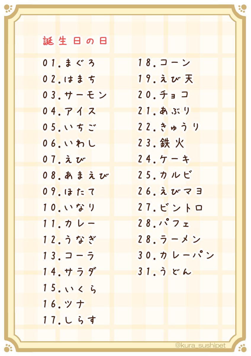 自分の誕生日と好きな数字で、自分だけのすしペットを作っちゃおう!
やり方はカンタン、表の数字についている言葉を誕生日の月、誕生日の日、好きな数字の順にくみあわせるだけだよ。
…お寿司以外もいっぱい入ってるけどね! 