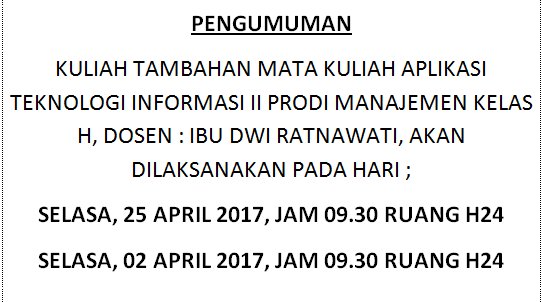 #PENGUMUMAN_KULIAH_TAMBAHAN MATA KULIAH APTI II PRODI MANAJEMEN KELAS H, DOSEN : IBU DWI RATNAWATI