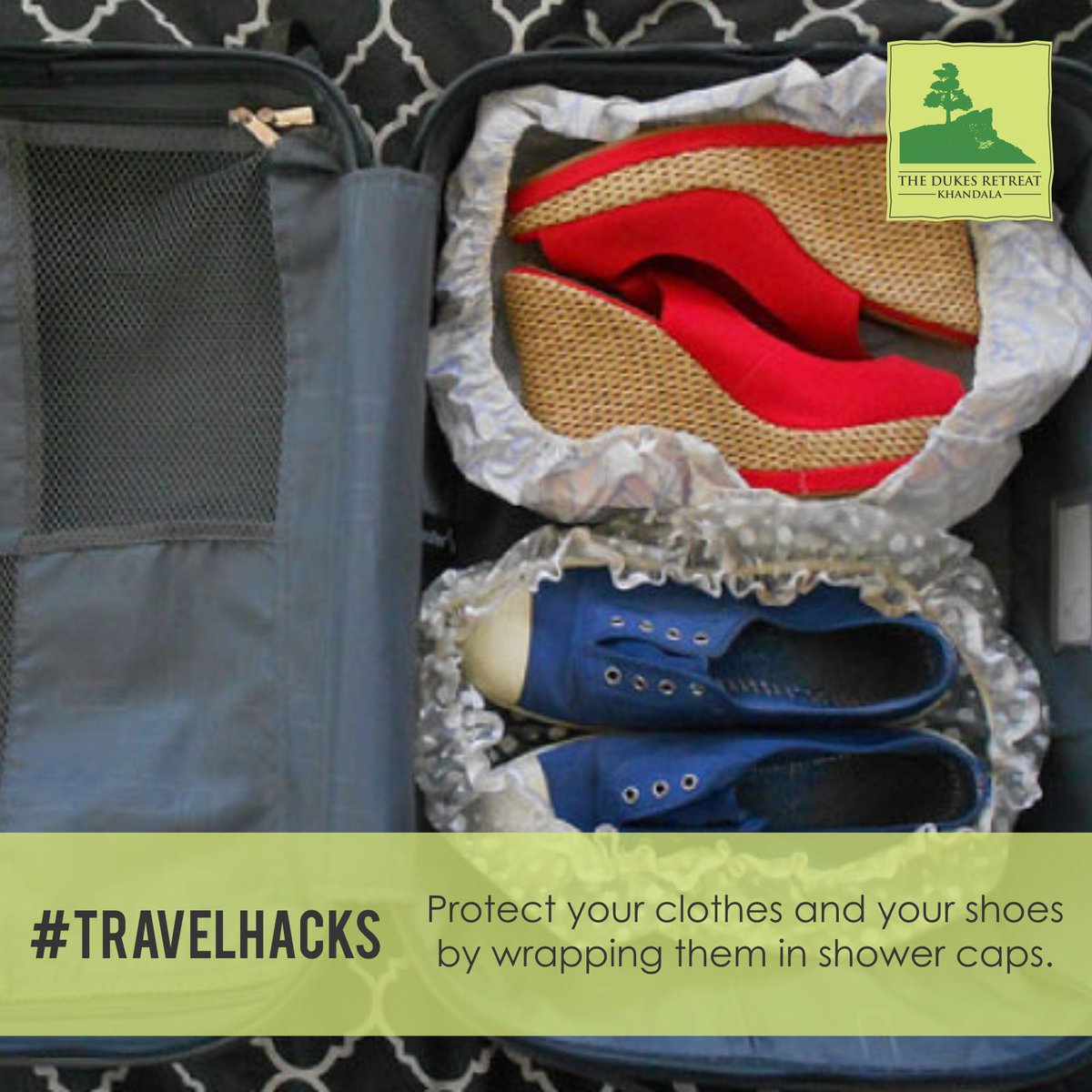 DukesRetreat's tweet photo. #TravellingTips Use shower caps when packing your shoes. This will help prevent your clean clothes from getting dirty.  #TheDukesRetreat https://t.co/nrXrpcSowW
