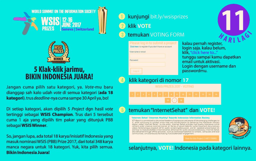 internetsehat's tweet photo. Attention! Hanya 11 Hari lagi yang tersisa untuk Bikin Indonesia Juara! Bantu vote ICT Watch Internet Sehat di ajang penghargaan WSIS
👇👇👇 https://t.co/KCKmAgQtUl