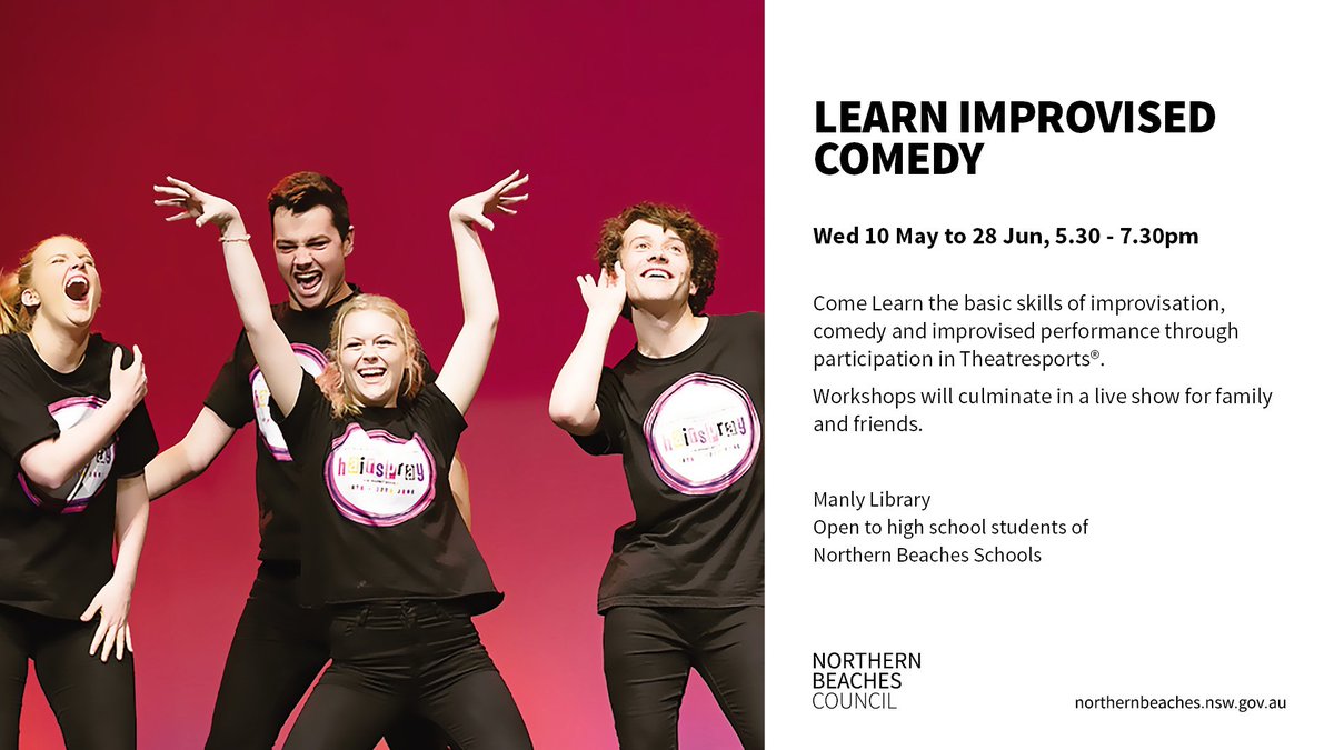 monavalelibrary's tweet photo. Manly Library presents a free eight-week course in improvised comedy. Places limited! Book at https://t.co/II79IDp2H1  @Manly_Council https://t.co/PikOWqWIyl