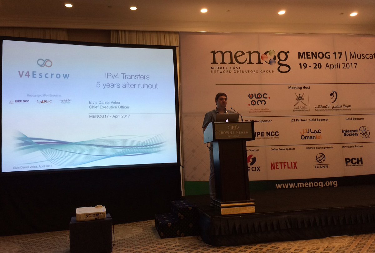 MiddleEastNOG's tweet photo. Elvis Daniel Velea, V4Escrow, discusses status of address transfers across RIR regions following IPv4 runout at #menog17 https://t.co/Yg0FU7syZc