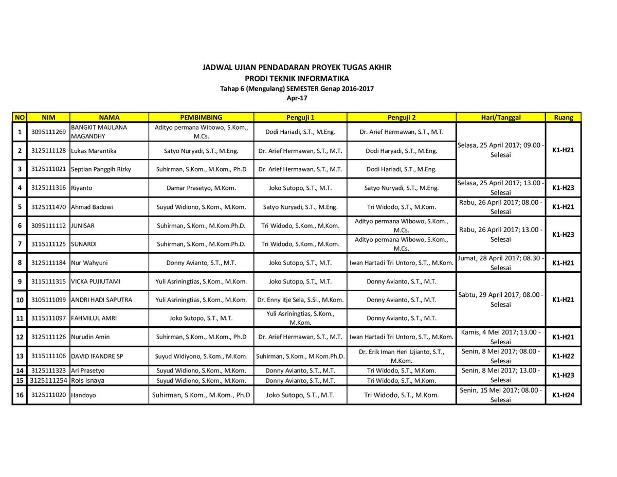#JADWAL_UJIAN_PENDADARAN PRODI TEKNIK INFORMATIKA