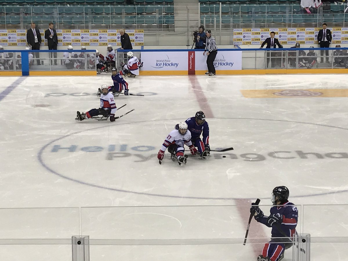testevents_pc's tweet photo. The #ParaIceHockey bronze medal game between #KOR and #NOR is being held in Gangneung Hockey Centre. Please cheer on all the players! https://t.co/azU4z4ejAN