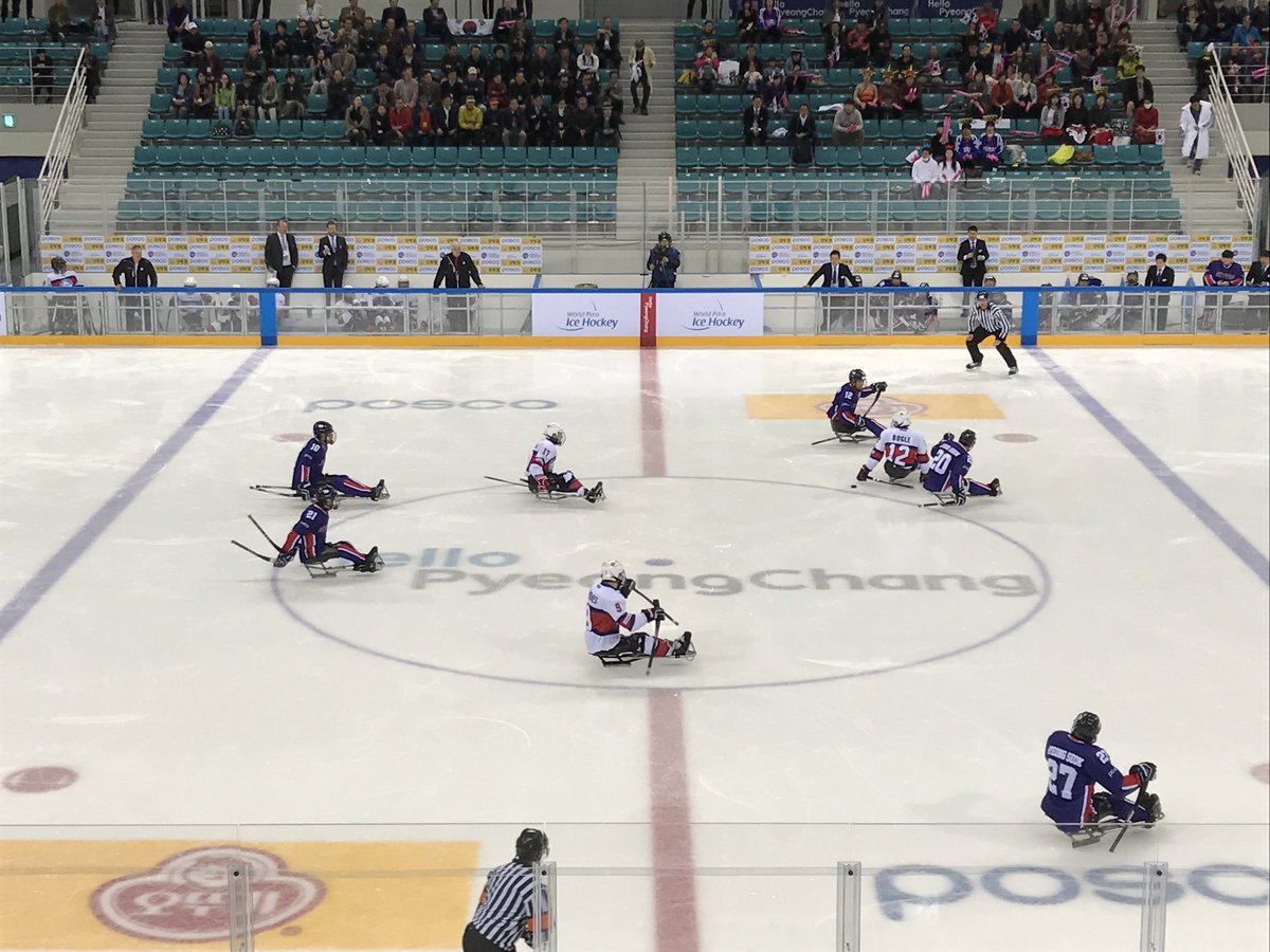 testevents_pc's tweet photo. The #ParaIceHockey bronze medal game between #KOR and #NOR is being held in Gangneung Hockey Centre. Please cheer on all the players! https://t.co/azU4z4ejAN