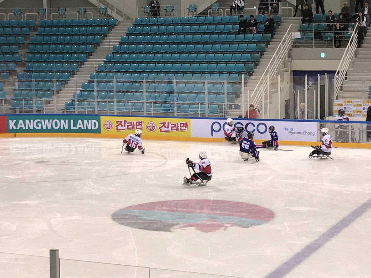 testevents_pc's tweet photo. The #ParaIceHockey bronze medal game between #KOR and #NOR is being held in Gangneung Hockey Centre. Please cheer on all the players! https://t.co/azU4z4ejAN