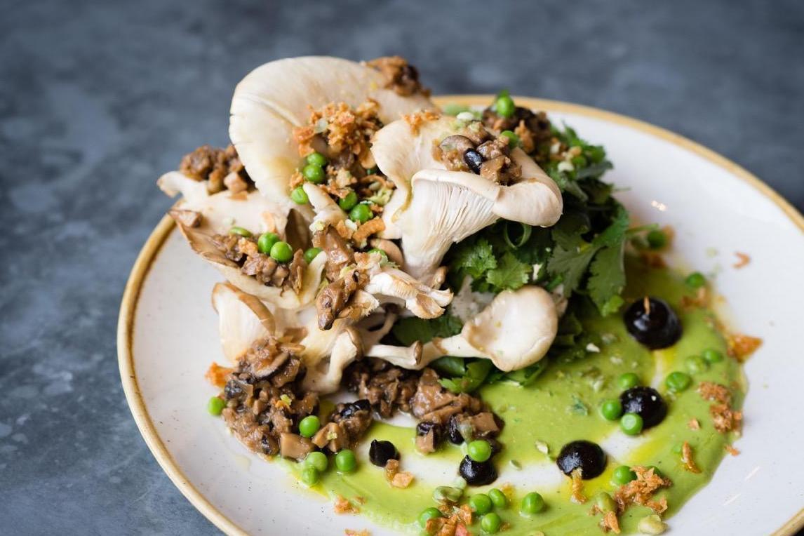 Brambletye Farm, Sussex - Oyster Mushrooms in Vegan XO sauce - Wasabi Pea Coulis &amp; Crispy Morsels of Herb Tofu - @GrainStoreKX 
N1 4AB