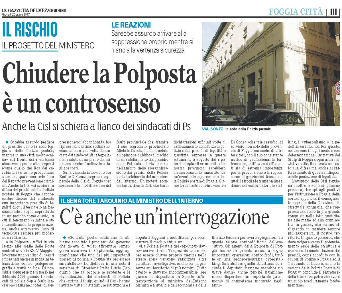 CISLFoggia's tweet photo. Gazzetta #Mezzogiorno - Chiudere la #Polposta è un controsenso. Anche la #Cisl si schiera a fianco dei sindacati di #Ps. @CislNazionale https://t.co/BeJWJuQYdi