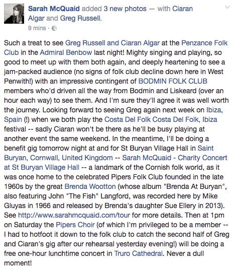 sarahmcquaid's tweet photo. Mighty gig by @GregRCiaranA at a packed #Penzance #Folk Club last night! #Cornwall #GregRussell #CiaranAlgar @ciaranalgar #folkclub #Kernow https://t.co/rv8oeEbB00