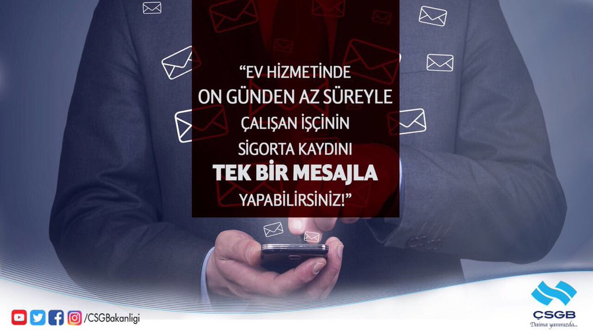 csgbakanligi's tweet photo. Ev Hizmetinde on günden az süreyle çalışan işçinin sigorta kaydını tek bir mesajla yapabilirsiniz.
#ÇSGBDaimaYanınızda https://t.co/SuwhgWsT42