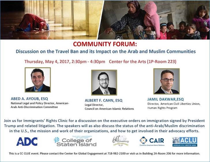 seekcsi's tweet photo. CC-Clue event, May 4th, 2:30 PM in 1P-223: Discussion on Trump's travel ban and its impact on the Arab &amp; Muslim communities. #CSI #CUNY https://t.co/FSnNaviItJ