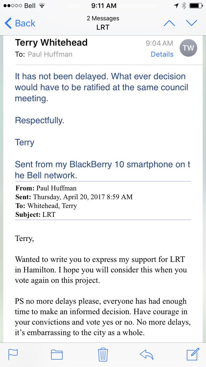 Sent my councillor an email expressing my support for #LRT and asking that vote not be delayed any longer. This is reply I got #HamOnt