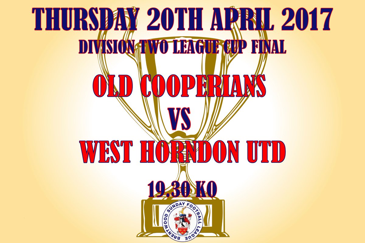 ⚽ <a href="/OldCooperiansFC/">Old Cooperians FC</a> Vs <a href="/WestHorndonFC/">West Horndon United </a> 
📍<a href="/AFCHornchurch/">afchornchurch com</a> Stadium, Bridge Avenue
⏰19.30 KO 20/04/17
🏆Division 2 League Cup