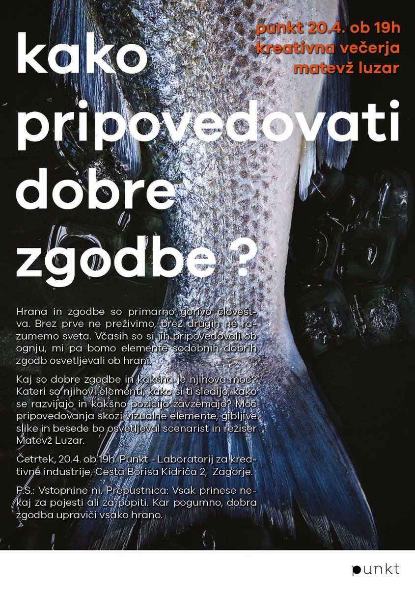 PUNKTcc's tweet photo. Danes ob 19-tih bomo prisluhnili Matevžu Luzarju o pripovedovanju dobrih zgodb  - še je čas da pripravite kaj za pod zob in se vidimo ;) https://t.co/whpg90kNW6
