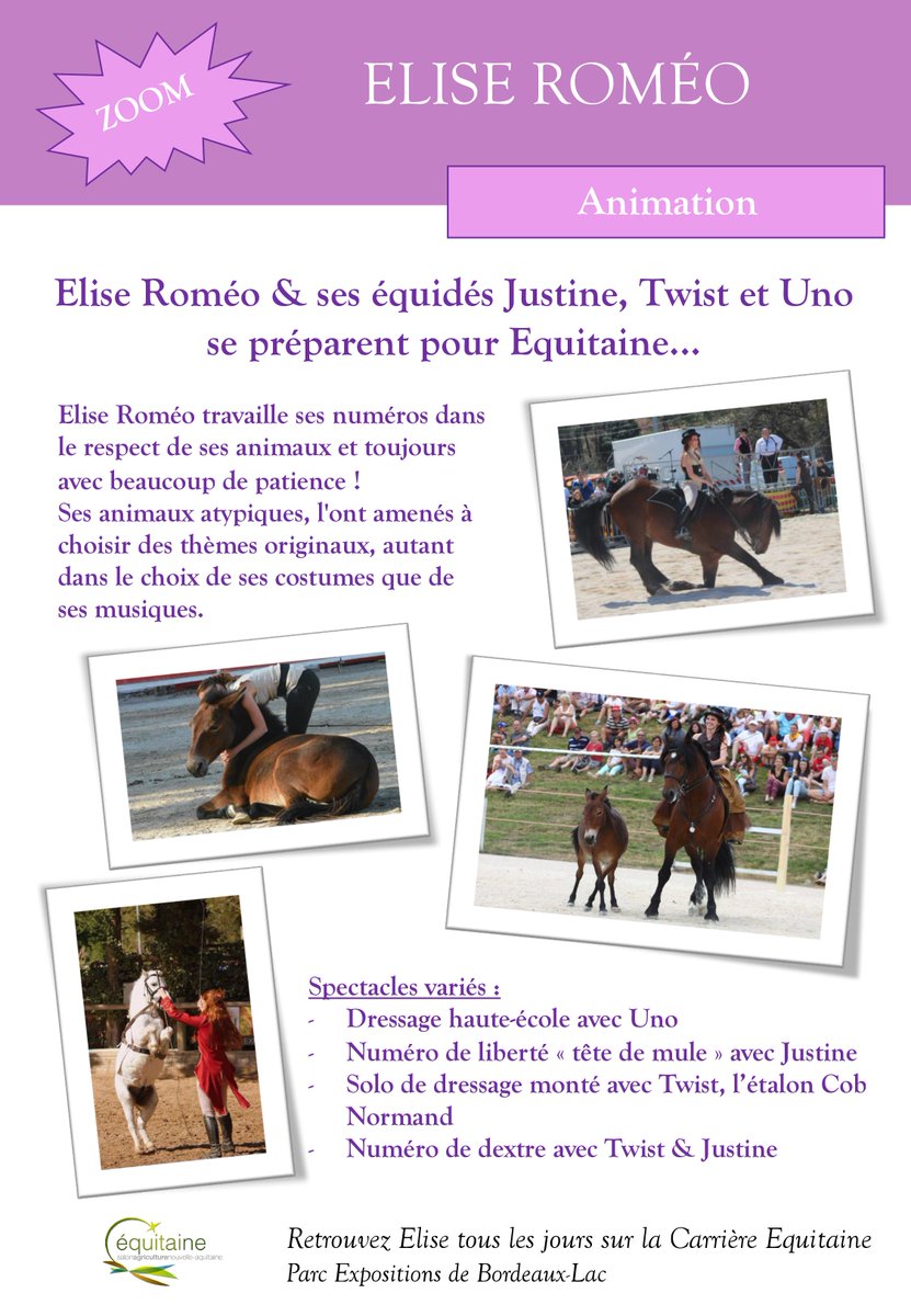 1 JOUR = 1 INFO
Partez à la découverte d'Elise Roméo et de ses équidés à Equitaine du 20 au 28 mai 2017 ! <a href="/Equitaine/">Equitaine</a> <a href="/EquidesTravail/">Equidés de Travail</a>